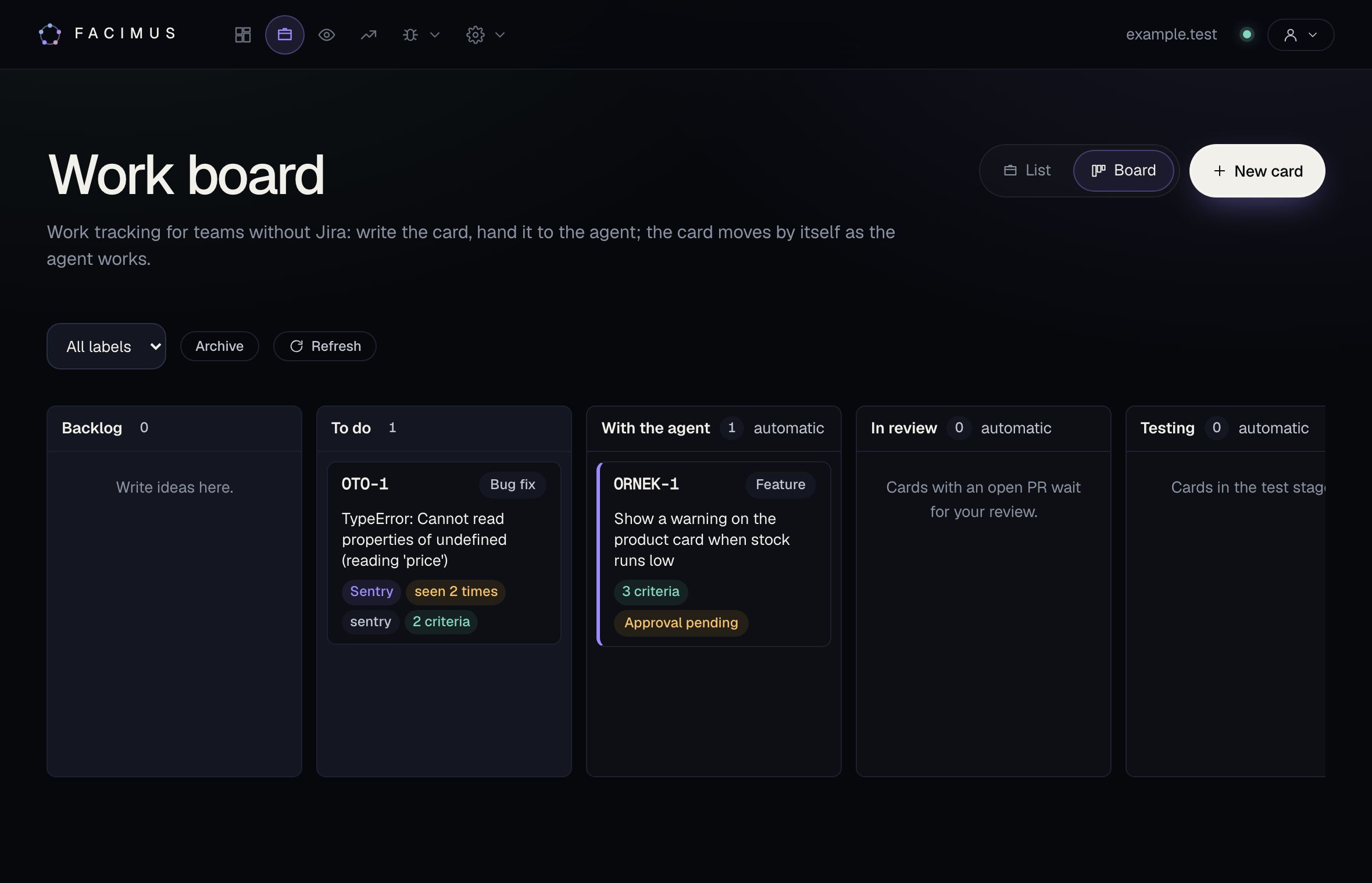 Facimus job board: an error card from Sentry and a job waiting for approval