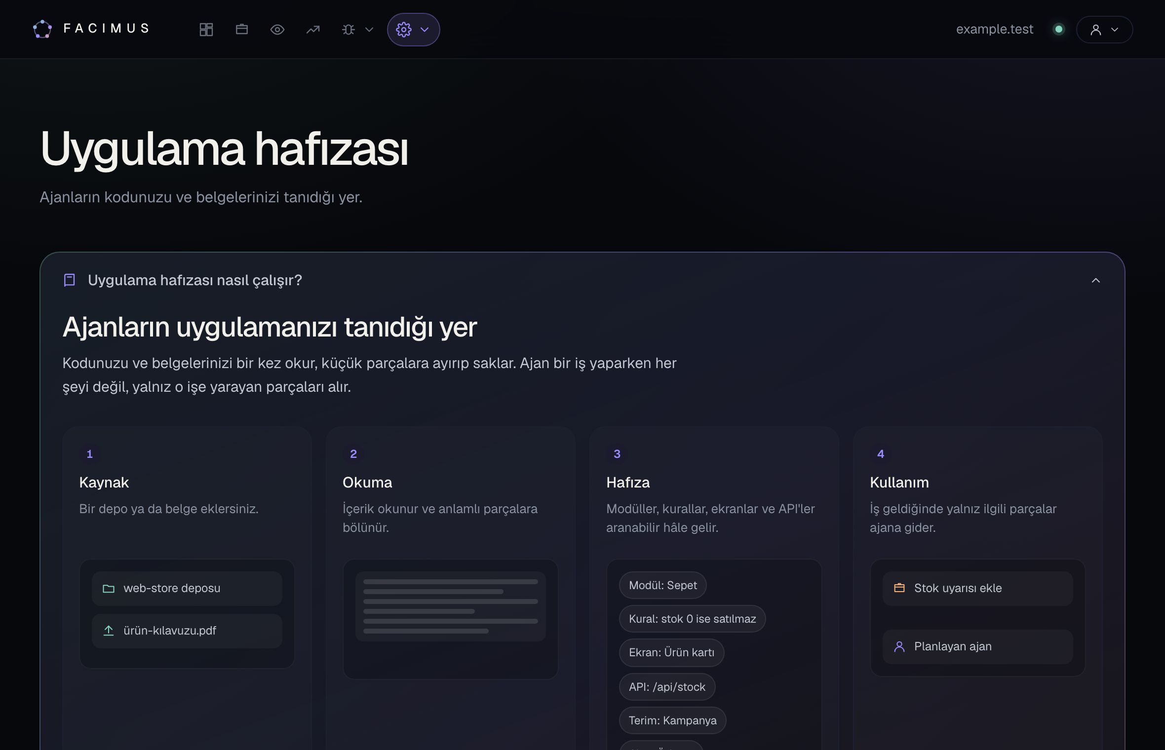 Facimus uygulama hafızası: kaynak, okuma, hafıza ve kullanım adımları